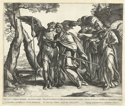 Lot huye de Sodoma con su esposa e hijas de Hendrick Goltzius