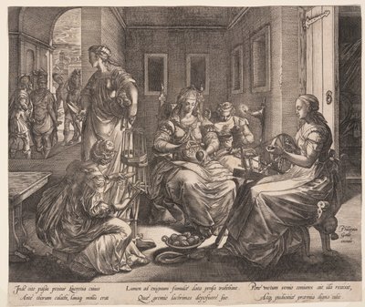 Lucrecia y sus mujeres hilando, de La historia de Lucrecia de Hendrick Goltzius