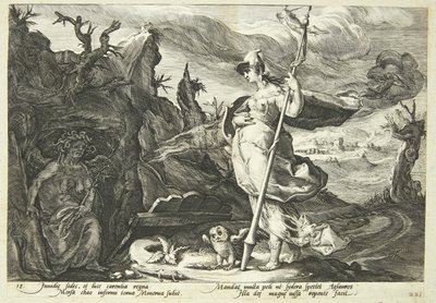 Minerva ordena a la envidia llenar el corazón de Agraulos de celos de Hendrick Goltzius