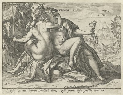 Justicia y Prudencia (Justitia / Prudentia) Las virtudes unidas (título de la serie) de Hendrick Goltzius