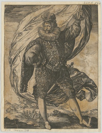 Portador de bandera de pie, con la cabeza girada hacia la izquierda de Hendrick Goltzius