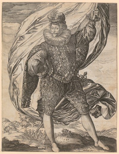 Abanderado de pie, con la cabeza vuelta hacia la izquierda de Hendrick Goltzius