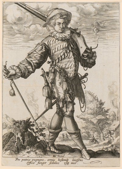 Soldado de infantería de pie con mosquete y pica de Hendrick Goltzius