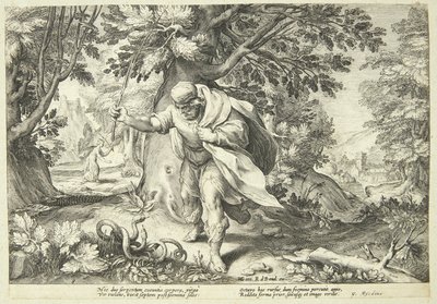 Tiresias golpea dos serpientes apareándose con su bastón de Hendrick Goltzius