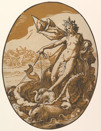 Tetis reclinada en un gigantesco carro de concha tirado por dos criaturas marinas, de «Las deidades» de Hendrick Goltzius