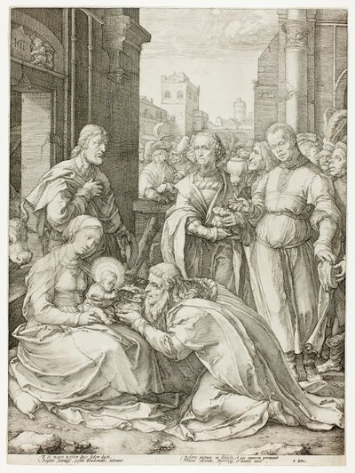 La Adoración de los Magos, lámina cinco de El Nacimiento y la Vida Temprana de Cristo de Hendrick Goltzius
