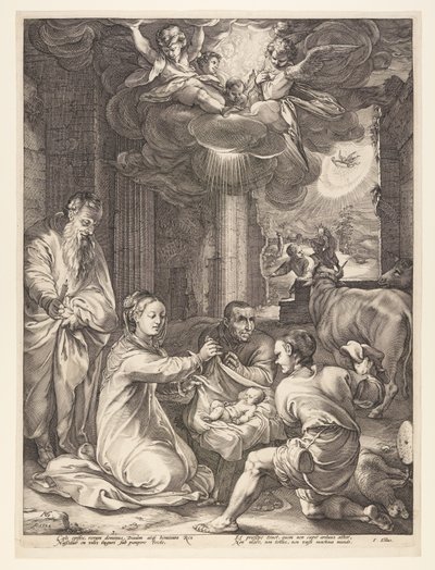 La adoración de los pastores, de El nacimiento y los primeros años de la vida de Cristo de Hendrick Goltzius