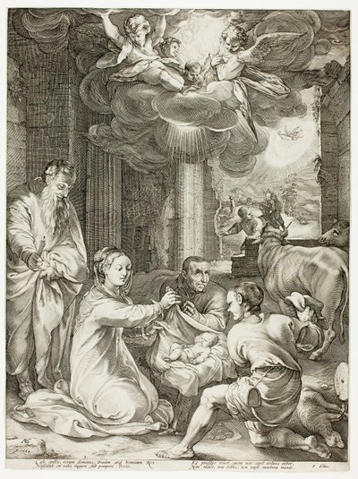 La adoración de los pastores, lámina tres de El nacimiento y la vida temprana de Cristo de Hendrick Goltzius
