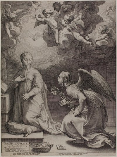 La Anunciación, placa uno de El nacimiento y la vida temprana de Cristo de Hendrick Goltzius