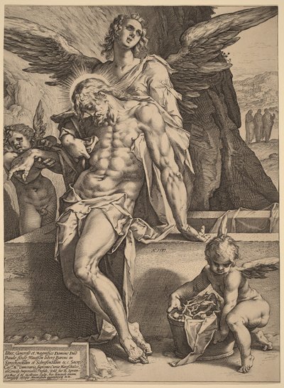 El cuerpo de Cristo sostenido por ángeles de Hendrick Goltzius