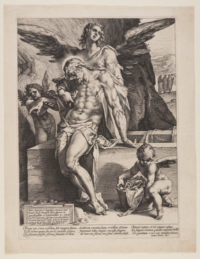 El Salvador muerto sostenido por un ángel de Hendrick Goltzius