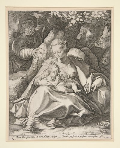 La Sagrada Familia bajo el cerezo/ Descanso en la huida a Egipto bajo un cerezo de Hendrick Goltzius