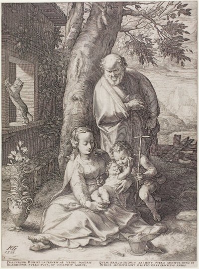 La Sagrada Familia con el niño Juan el Bautista, lámina seis de El nacimiento y la vida temprana de Cristo de Hendrick Goltzius