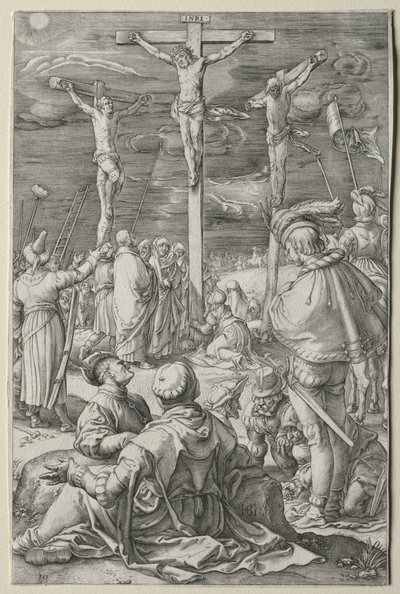 La Pasión: Cristo en la cruz entre los dos ladrones de Hendrick Goltzius