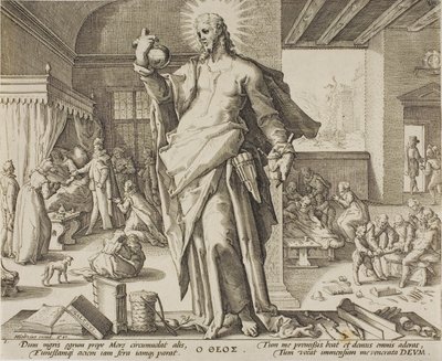 El Médico Considerado como Dios, placa uno de Alegorías de la Profesión Médica de Hendrick Goltzius