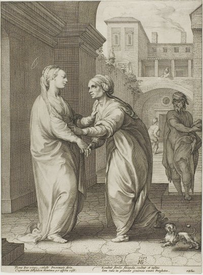 La Visitación, lámina dos de El nacimiento y los primeros años de la vida de Cristo de Hendrick Goltzius