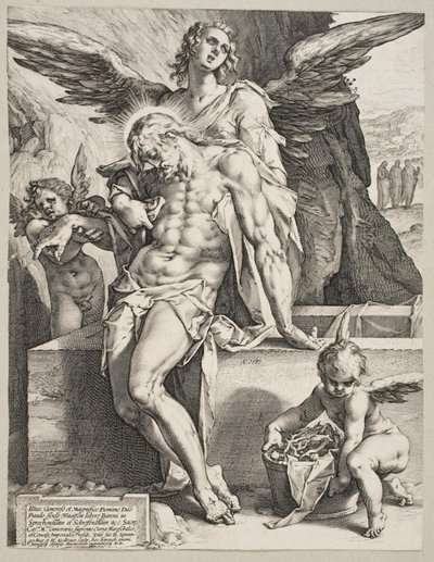 El cuerpo de Cristo sostenido por un ángel de Hendrick Goltzius