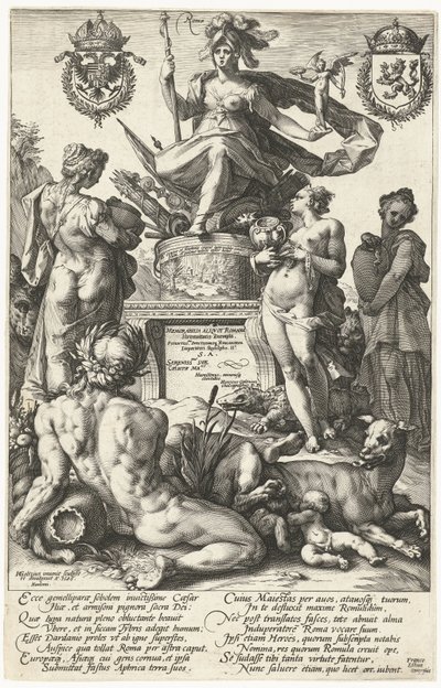 Impresión de título para la serie impresa Los héroes romanos Roma (título sobre objeto) Los héroes romanos (título de la serie) de Hendrick Goltzius
