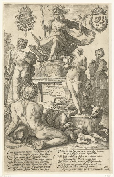 Impresión de título para la serie impresa Los héroes romanos Roma (título sobre objeto) Los héroes romanos (título de la serie) de Hendrick Goltzius