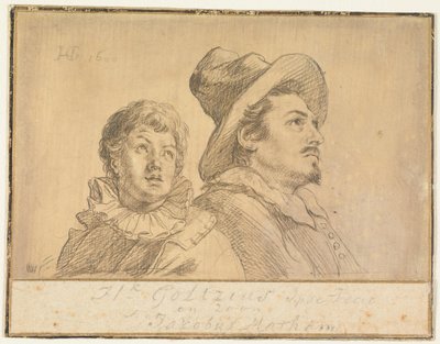 Dos hombres, posiblemente Jan Matthijs Ban y Philips van Winghe (anverso). Un niño con sombrero, de medio cuerpo. En sus brazos sostiene a un anciano muerto (reverso) de Hendrick Goltzius