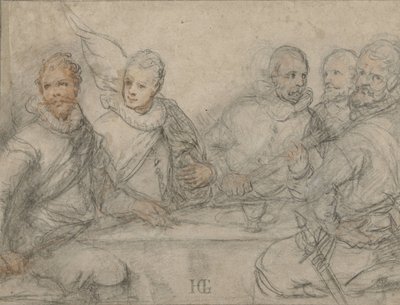 Cinco oficiales, estudiando para una comida de la milicia. de Hendrick Goltzius