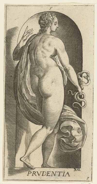 Precaución Prudentia (título sobre objeto) Las siete virtudes (título de la serie) de Hendrick Goltzius
