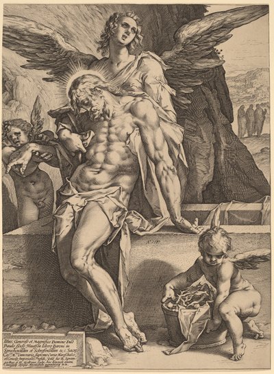 El cuerpo de Cristo sostenido por ángeles de Hendrick Goltzius, after Bartholomaeus Spranger