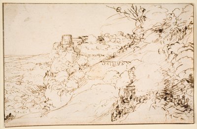 Paisaje con edificio parecido a un castillo en un saliente de la montaña de Hendrick Goudt