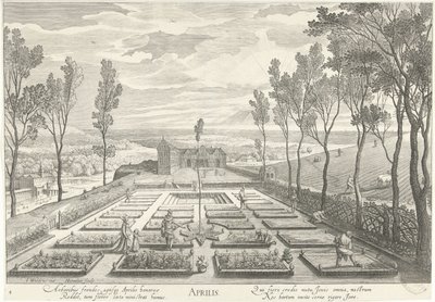 Abril, con compañía en un jardín Aprilis (título sobre objeto) Los doce meses (título de la serie) de Hendrick Hondius (I)