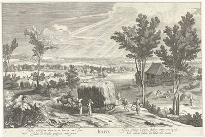 Julio, con campesinos en un paisaje Julius (título sobre el objeto) Los doce meses (título de la serie) de Hendrick Hondius (I)