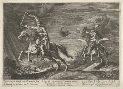 jinete y muerte Ningún Hombre tan kloeck, ni Animal tan rápido, los Mata y los encuentra bien (título sobre objeto) de Hendrick Hondius (I)