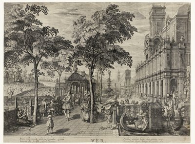 salto Primavera, una compañía en un castillo Ver (título en el objeto) Las cuatro estaciones (título de la serie) de Hendrick Hondius (I)