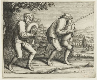 dos gaiteros Peregrinación a Molenbeek (título de la serie) de Hendrick Hondius (I)