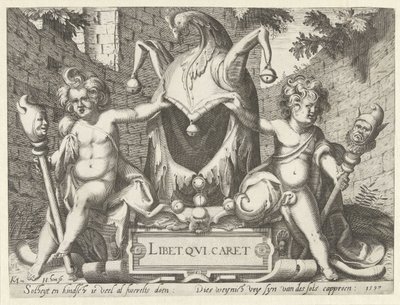 Dos amorcillos con capucha de tonto Libet qui caret (título sobre objeto) de Hendrick Hondius (I)