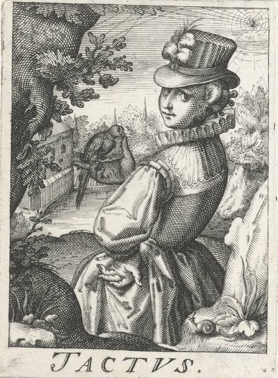 Feeling (Tactus), una mujer con un pájaro Tactus (título sobre objeto) Los cinco sentidos (título de la serie) de Hendrick Hondius (rejected attribution)