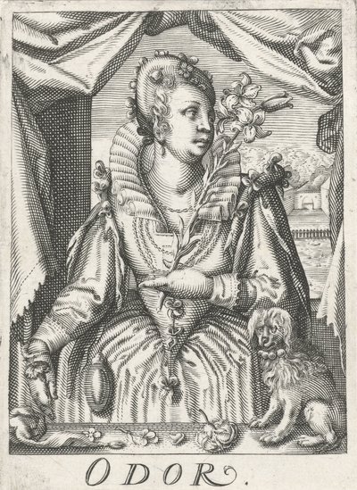 Olor (Olor), una mujer con una rama de flor Olor (título sobre el objeto) Los cinco sentidos (título de la serie) de Hendrick Hondius (rejected attribution)