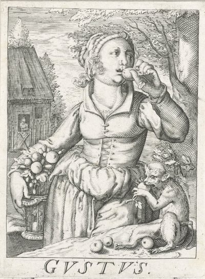 Gusto (Gustus), una mujer con frutas Gustus (título sobre el objeto) Los cinco sentidos (título de la serie) de Hendrick Hondius (rejected attribution)
