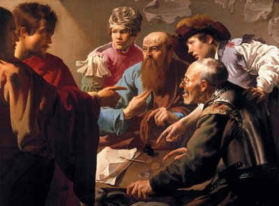 La llamada de San Mateo (fallecido en el año 61). Representado en la aduana de Cafarnaún (Kefar Nahum, Israel), es elegido por Jesús y le sigue, convirtiéndose en uno de sus apóstoles y escribiendo un evangelio. Pintor de Hendrick Jansz Terbrugghen