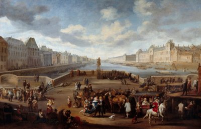 Vista de París con el Louvre, tomada desde el puente Henri IV (actual Pont Neuf) de Hendrick Mommers