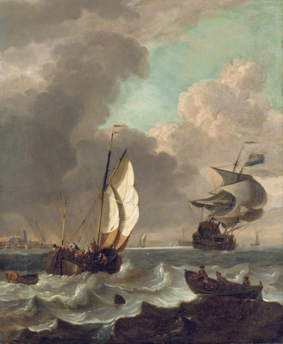 Barcos en una brisa fuerte frente a Dordrecht de Hendrick Rietschoof