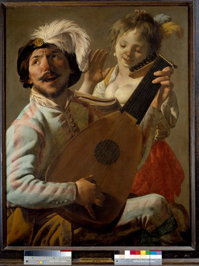 El dúo Un cantante tocando el laúd con una bailarina de Hendrick ter Brugghen