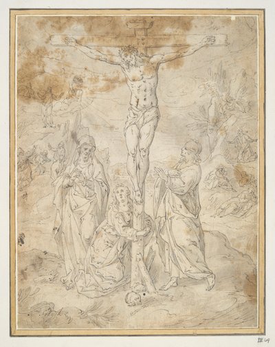 Cristo en la Cruz entre la Virgen y San Juan con Escenas de la Pasión al fondo de Hendrick de Clerck
