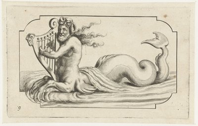 Tritón tocando un arpa Nouveau Livre des Dieux et Deeßes De la Marine Bouckje of Sea Gods and Goddesses (título de la serie) de Hendrick de Keyser (I)