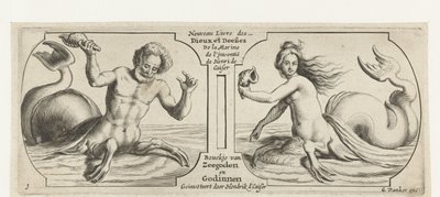 Dos compartimentos, en cada uno un tritón Nouveau Livre des Dieux et Deeßes De la Marine Bouckje of Sea Gods and Goddesses (título sobre el objeto) Nouveau Livre des Dieux et Deeßes De la Marine Bouckje of Sea Gods and Goddesses (título de la serie) de Hendrick de Keyser (I)