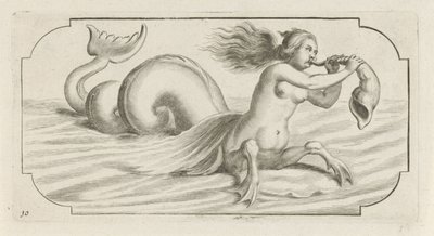 Figura femenina sopla sobre una concha Nouveau Livre des Dieux et Deeßes De la Marine Bouckje of Sea Gods and Goddesses (título de la serie) de Hendrick de Keyser (I)