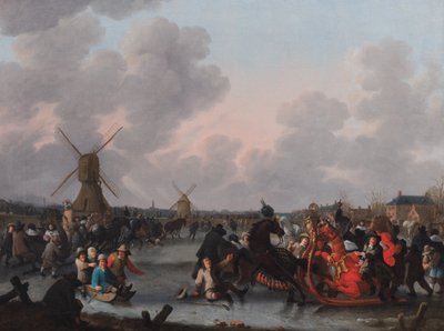Un paisaje invernal con numerosos trineos tirados por caballos sobre el hielo de Hendrick de Meijer