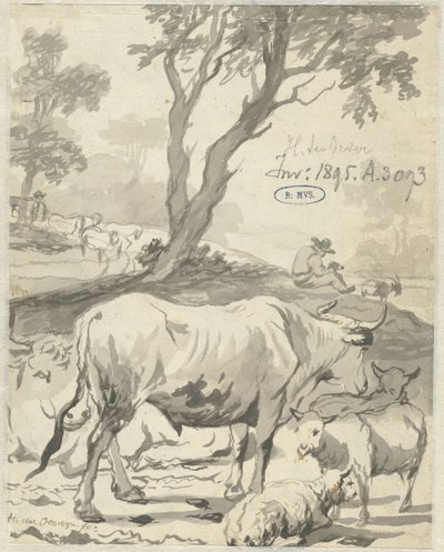 Pastor con vacas y ovejas bajo un árbol de Hendrick ten Oever