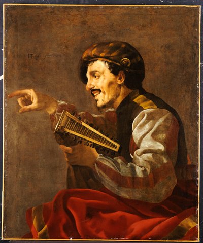 Un laudista sentado señalando de Hendrick ter Brugghen