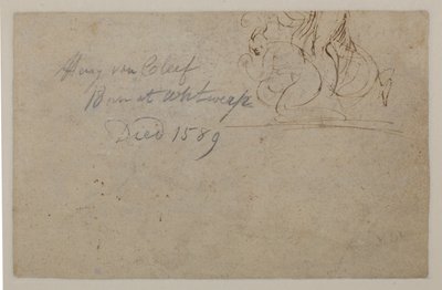 Anotación de una mano posterior. Boceto de una figura agachada y un caballo encabritado, ?, siglo XVI de Hendrick van Cleve