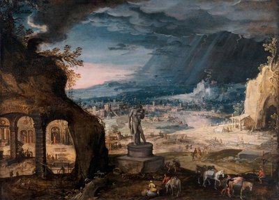 Paisaje con una estatua de Saturnos/Alegoría del tiempo que pasa de Hendrick van Cleve